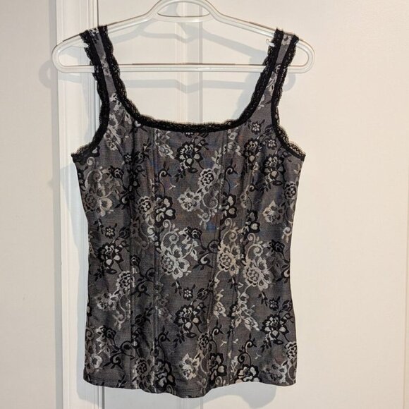 *3 FOR $9* Lace Trimmed Faux Boning Ribbing Baroque Floral Print Tank Top - Picture 1 of 2